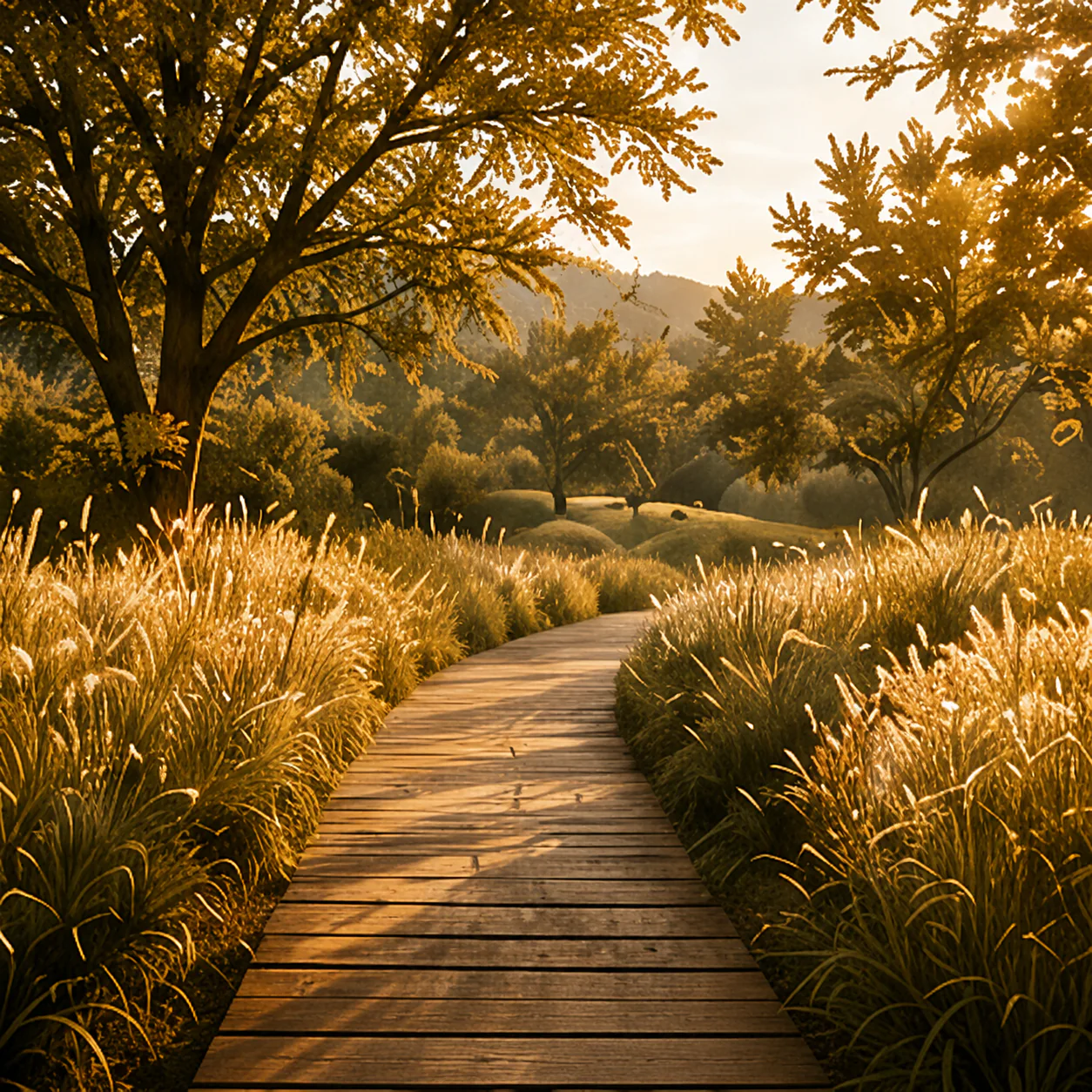Sunlit meadow path through trees.